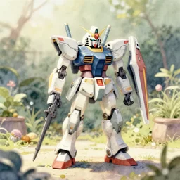 world's smallest mecha in your backyard garden. watercolor by award - winning mangaka, backlighting, intricate details, muted pastel palette, depth of field.