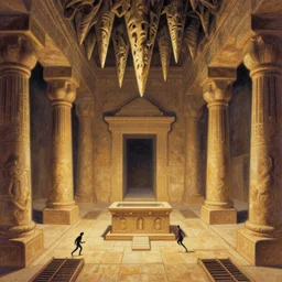 arabic city, by joe dever, lone wolf, stalactones, drapes, temple, pillars, altar, traps, from inside a temple, temple run, painted by greg rutkowski