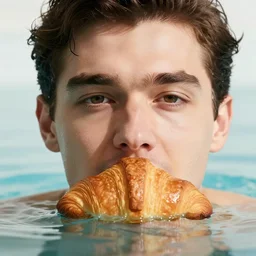closeup portrait of a man drowning in a croissant, photograph, natural light, sharp, detailed face, magazine, press, photo, steve mccurry, david lazar, canon, nikon, focus