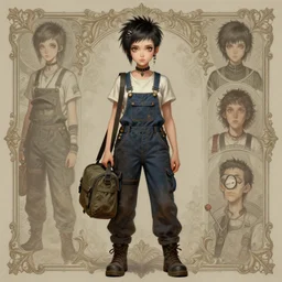 a full body portrait beautiful androgynous punk girl with short hair and beautiful eyes, beautiful face, who is a mechanic wearing overalls carrying a bag, digital concept art, detailed digital painting, ornate decorative background, very aesthetic!!!!!!, by j. c. leyendecker and edward blair leighton and charlie bowater, trending on artstation
