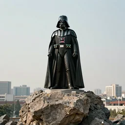 the statue of darth vader stands atop a large rock with a city below
