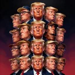 donald trump, stacked cartoon faces, totem pole, dramatic lighting, full color illustration, cartoon style