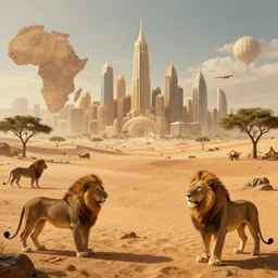 an oasis metropolis beside an african desert, populated by anthropomorphic lions, afrofuturism, digital artwork, extremely detailed, cinematic photography, 4 k