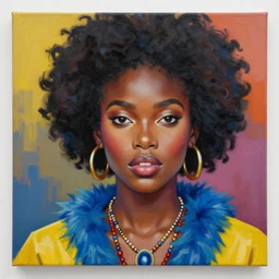 portrait of beautiful black female with afro wearing yellow top with blue fur and necklace, highly detailed face shot, colorful background oil and acrylic painting on canvas