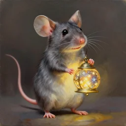 an extremely well painted and super detailed oil painting of a cutest mouse standing on two feet with an intricate round bell - lamp infused with magic of the stars in its hands, professional painting by beeple, dynamic lighting, trending on artstation, octane render, realistic fur, sharp focus