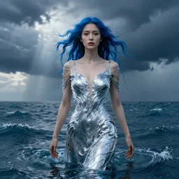 dress made of water, liquid, blue water hair woman, solemn, female, rising from ocean, high detail, high contrast, extreme close up portrait, stormy seas, storm clouds, god rays, d & d, fantasy, elegant, silver blue color palette, cinematic, concept art, annie leibovitz, greg rutkowski, alphonse mucha