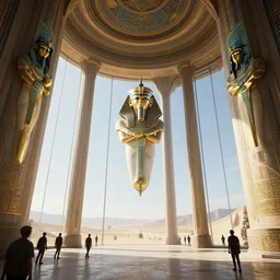 the inside of a monument with egyptian motifs, by tim blandin and arthur haas and bruce pennington and john schoenherr, big windows architecture by zaha hadid, octane render, cinematic, scenery, cgsociety, modernism, futuristic, trending on artstation, sci - fi, high detail, high quality, sharp focus, close up angle, people walking, horizon forbidden west
