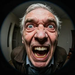 a profile picture, old man screaming into camera, fish eye lens, deep wrinkes!!!!!, old,, trending on artstation, scary, funny, highly detailed, 8 k,