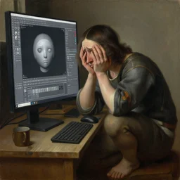 masterpiece painting of a 3d artist sad, crouched and desperate looking at the 3d software on screen of a computer screen with Autodesk Maya opened, oil on canvas, renaissance