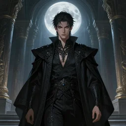 portrait of male as lucifer, black clothes, in the temple of hell, moon light, sci - fi and fantasy, intricate and very very beautiful and elegant, highly detailed, digital painting, artstation, concept art, smooth and sharp focus, illustration, art by tian zi and wlop and alphonse mucha