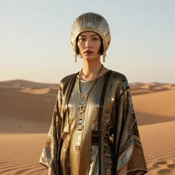 giesha demon, innovative avant - garde art, deco fashion, asian women, highly detailed, photorealistic portrait, serene desert setting, golden hour, crisp quality and light reflections, octane render