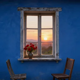 a old house window with a vase of red flowers with view to a sunrise, blue wall, a wooden chair near the window, concept art, octane render, unreal engine 5, trending on deviantart, highly detailed, high quality, hd, digital painting, masterpiece, geometric, symmetrical, low contrast, beautiful, serene landscape, path traced, bloom, high coherence, godrays, complementary colors, natural lighting