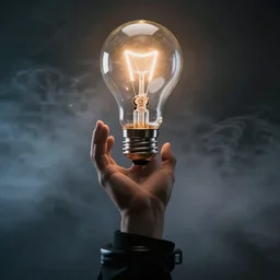 a man with a bulb instead of a head, heavenly pose, bust shot, high detail, studio, cinematic background, smoke, sharp, cyberpunk, 8 5 mm sigma art lens