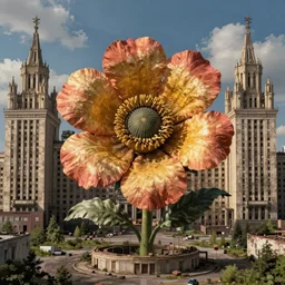 colossal grotesque flower in the middle of abandoned early soviet constructivist cityscape, Stalinist architecture, ultradetailed by Hayao Miyazaki and Josan Gonzalez and Makoto Shinkai and Giuseppe Arcimboldo and Wes Anderson