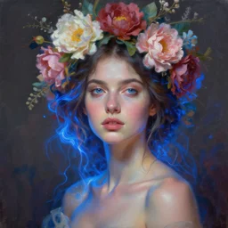 a beautiful oil painting hyperrealism of a beautiful woman, flowers, floral headdress, 8 k resolution, octane render, trending on artstation, by gediminas pranckevicius, volumetric light 2 blue fractal thunder glow by dan mumford, anaglyph effect, laurie lipton