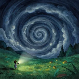 a giant swirly vortex, nightly, spiral, naive nerikomi, weird perspective, extra narrow, detailed illustration, lit by flashlight, scenic spiral environment by rhads from lorax movie, trending artstation, true color, fisheye, grass field mountainous terrain, spiral clouds