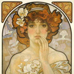 close face portrait by greg rutkowski, alphonse mucha, and artgerm.
