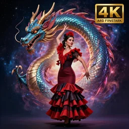 ( portrait of a dragon and a girl dressed as flamenco, in the background the universe. ) by anato finnstark, dream, full body portrait, dynamic lighting, beautiful, trending on artstation, wallpaper, 4 k, award winning, digital art, very detailed faces