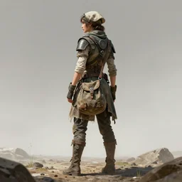 an intricate concept art of an explorer nomad woman with bag standing, post - apocalyptic, back - view, full body shot, fuzichoco color palette, digital art, style by ivan talavera and artgerm and wlop, hyper realistic, photorealistic, octane render, trending on artstation, cgsociety, cinematic light