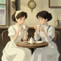 two girls in victorian dress drinking coffee in an antique coffee shop, light color scheme, natural lighting, intricate details, cozy atmosphere, matte painting, illustration, by hayao miyazaki