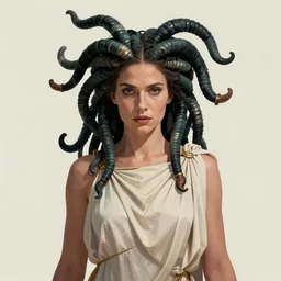illustrated movie poster of anne curtis as medusa looking at the camera wearing greek chiton, fantastically eerie, smooth, desaturated colors, pen and ink, glamorous pose, intricate line drawings, by craig mullins, ruan jia, kentaro miura, greg rutkowski, victo ngai