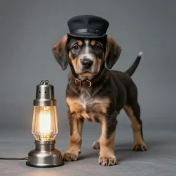 puppy as a 1 9 5 0 s coal miner, with a heat lamp,