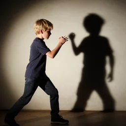 a fight between a blonde boy and his dark shadow self. cinematic