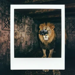 polaroid of creepy basement, a lion sees the camera from a corner. goetic sigils on walls. creepy atmosphere, liminal space.