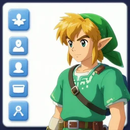screenshot of a “ zelda ” video - game in the style of 1 9 8 0 s “ studio ghibli ” anime, with a user - interface and icons, featuring “ link ” with a fairy in the “ hyrule ” overworld fighting against an octorok and a moblin, and link in a dungeon labyrinth fighting against a dodongo and a gohma, and link talking to “ princess zelda ” and the “ king of hyrule ” in their castle.