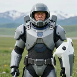 close - up portrait photograph of an stern old man wearing futuristic gray heavy exosuit armor with navy blue detailing with helmet off holding a white plastoid shield in his left hand and a blaster in his right hand. in the background there is rolling green plains with snowcapped mountains in the distance.