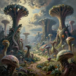 a beautiful alien landscape with strange life forms, high realistic high detailed painting by Thomas Kinkade and H. R. Giger