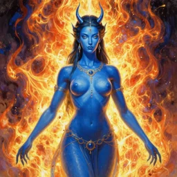 blue shiva with man ’ s body, glowing fiery background, in the style of peter mohrbacher, wayne barlowe, gustav moreau, bussiere, roberto ferri, santiago caruso, luis ricardo falero, austin osman spare, colorful