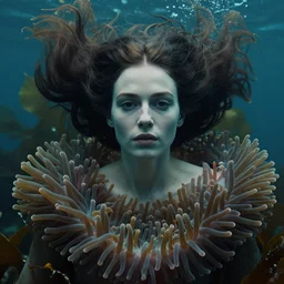 close up, moody cinematic photograph of a woman wearing a sea anemone dress, floating under the ocean, with detailed beautiful, symmetrical face, huge flowing hair by tim walker and wes anderson and edward hopper, in the ocean, lots of detail, fine facial features, sea kelp forrest