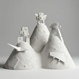 photo of minimalist abstract cubist sculpture of hills with random mecha mayan decorations, covered with few large white airplane parts and cement white slabs