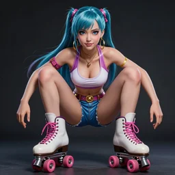 gorgeous!! hyper - realistic giant woman resembling bulma + felicia from darkstalkers on roller skates | drawn by artgerm, drawn by wlop, drawn by jeehyung lee | intricate, high detail, ultra graphics, photorealistic, symmetrical, cinematic, smooth, sharp focus, character design, expressive, cute, magical