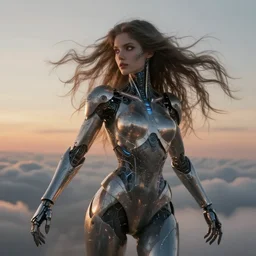 a biblical diabolical beautiful female cyborg girl, long hair on the wind, adaptive armor, dynamic pose, heavy eyes to the side, art gallery, glowing veins and cracks, in clouds, sunset, portrait, by gerald brom, by mikhail vrubel, by peter elson, muted colors, extreme detail, reflections, trending on artstation, 8 k