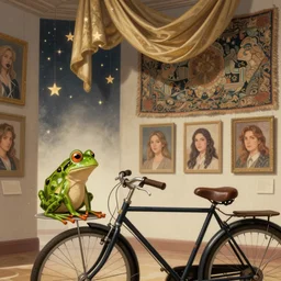 an unglued bike with a frog looking at image portraits on museum walls with stars and hanging silk drapery and tapestries, light dust, magnificent, close up, sharp focus, elegant, highly detailed, illustration, by jordan grimmer greg rutkowski wlop maya takamura, intricate, trending artstation, pixiv, digital art