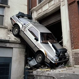 photograph of a delorean that has crashed into a building by greg rutowski
