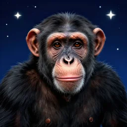 portrait of chimpanzee in space, stars in the background, dark blue background, trending on artstation