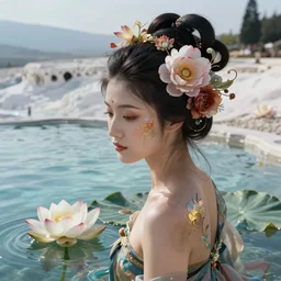Kodak Portra 400, 8K, soft light, volumetric lighting, highly detailed, Rena Nounen style 3/4 ,portrait photo of a Japanese ravishing Goddess how WLOP painter, the face emerges from the water of Pamukkale with lotus flowers, inspired by Ophelia paint , a beautiful chic dress and hair are intricate with highly detailed realistic beautiful flowers , Realistic, Refined, Highly Detailed, ethereal lighting colors scheme, outdoor fine art photography, Hyper realistic, photo realistic