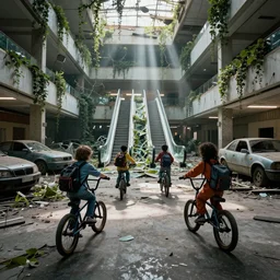 kids lost in an abandoned mall, bmx bikes, back packs, jumpsuits, photography, hyper realistic spooky lighting, overgrowth, vines, god rays, debris, collapsed interiors, smashed glass, escalators, abandoned cars