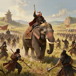 matte painting of a beautiful batttlefield of tai ethnic group versus mongol empire, a tai ethnic warlord rides an asian war elephant with emotional movement in the center of the battlefield, digital art trending on artstation,