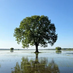 centered great tree in the flooded plains silhouetted against a cloudless sunny sky. little islands. max rive, 4 k, instagram, landscape, hdr