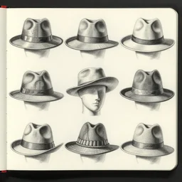 many sketches of different types of hats, on a notebook page, pencil, by Peter Mohrbacher technical drawing