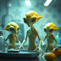 lemon alien, in a lab with his other lemon alien friends, fantasy, highly detailed, white lab, modern alien lab mist