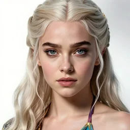 Daenerys Targaryen with a piercing gaze and wearing a creative bikini as the queen of Atlantis in atlantis, highly detailed face, realistic face, beautiful detailed eyes, fantasy art, in the style of JOHN STEPHENS, illustration, epic, fantasy, intricate, hyper detailed, artstation, concept art, smooth, sharp focus, ray tracing, vibrant, photorealistic