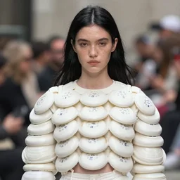 olivia at the new york fashion week, wearing an outfit made of frisbees, black hair, freckles, pale skin, photo by greg rutkowski, harsh shadows, bright lighting, female beauty, intricate detail, elegance, sharp shapes, masterpiece