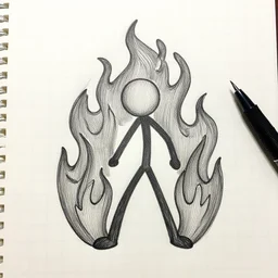 stickman and flames drawn stylized on squared paper with pen. each line is drawn several times.