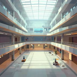 huge abandoned mall in the style of the game myst, low poly 1 9 9 0 s pc graphics