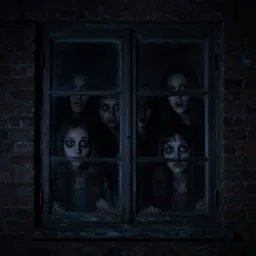 the dark scary wide eyed faces looking in the window at night